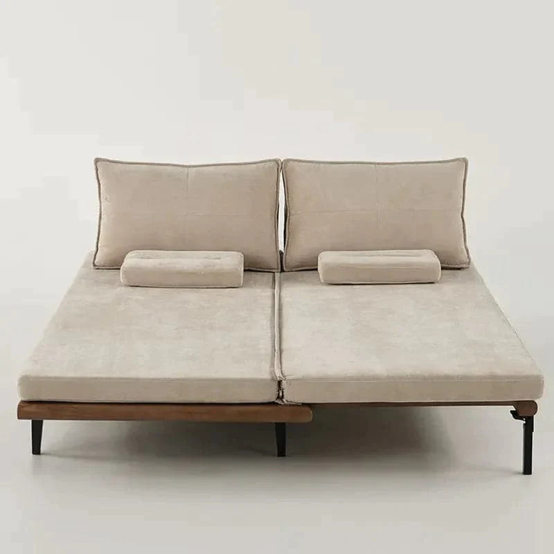 Japandi Pull Out Sofa Bed Khaki Wood Convertible Sleeper Sofa Cotton & Linen