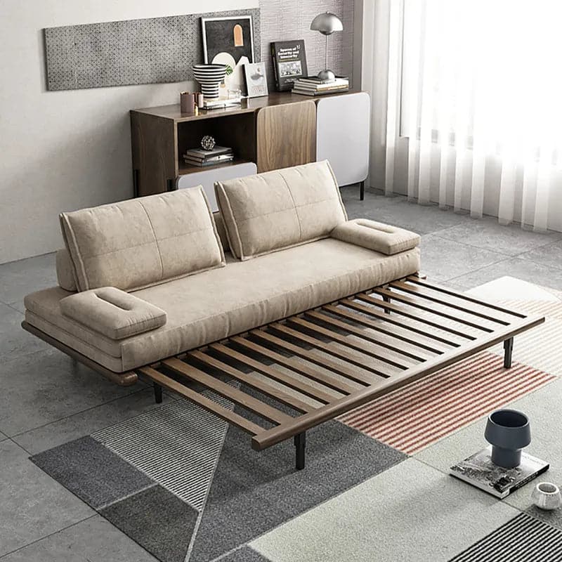 Japandi Pull Out Sofa Bed Khaki Wood Convertible Sleeper Sofa Cotton & Linen