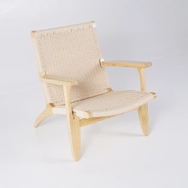 Japandi Solid Wood Outdoor Patio Lounge Chair Armchair Kraft Paper Rope Woven Seat