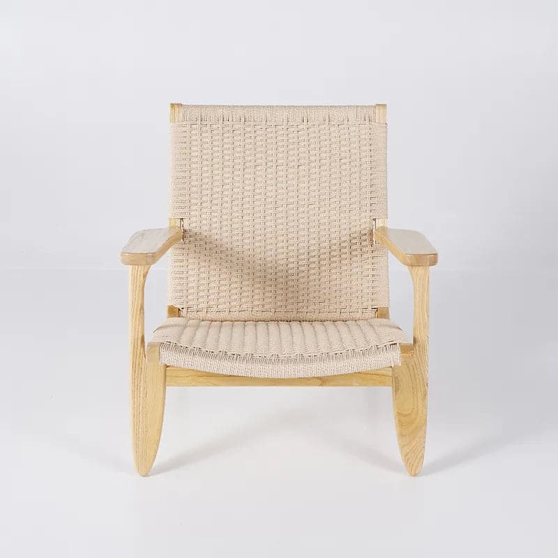 Japandi Solid Wood Outdoor Patio Lounge Chair Armchair Kraft Paper Rope Woven Seat