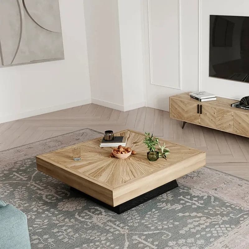 Japandi Square Coffee Table with Wooden Top Black Natural