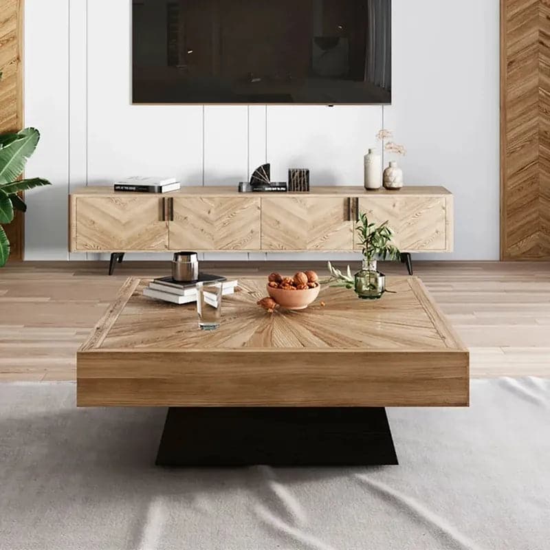 Japandi Square Coffee Table with Wooden Top Black & Natural