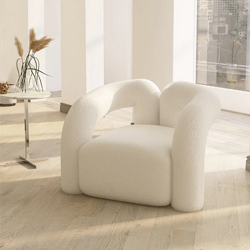 Japandi White Boucle Accent Chair Shaggy Armchair for Living Room