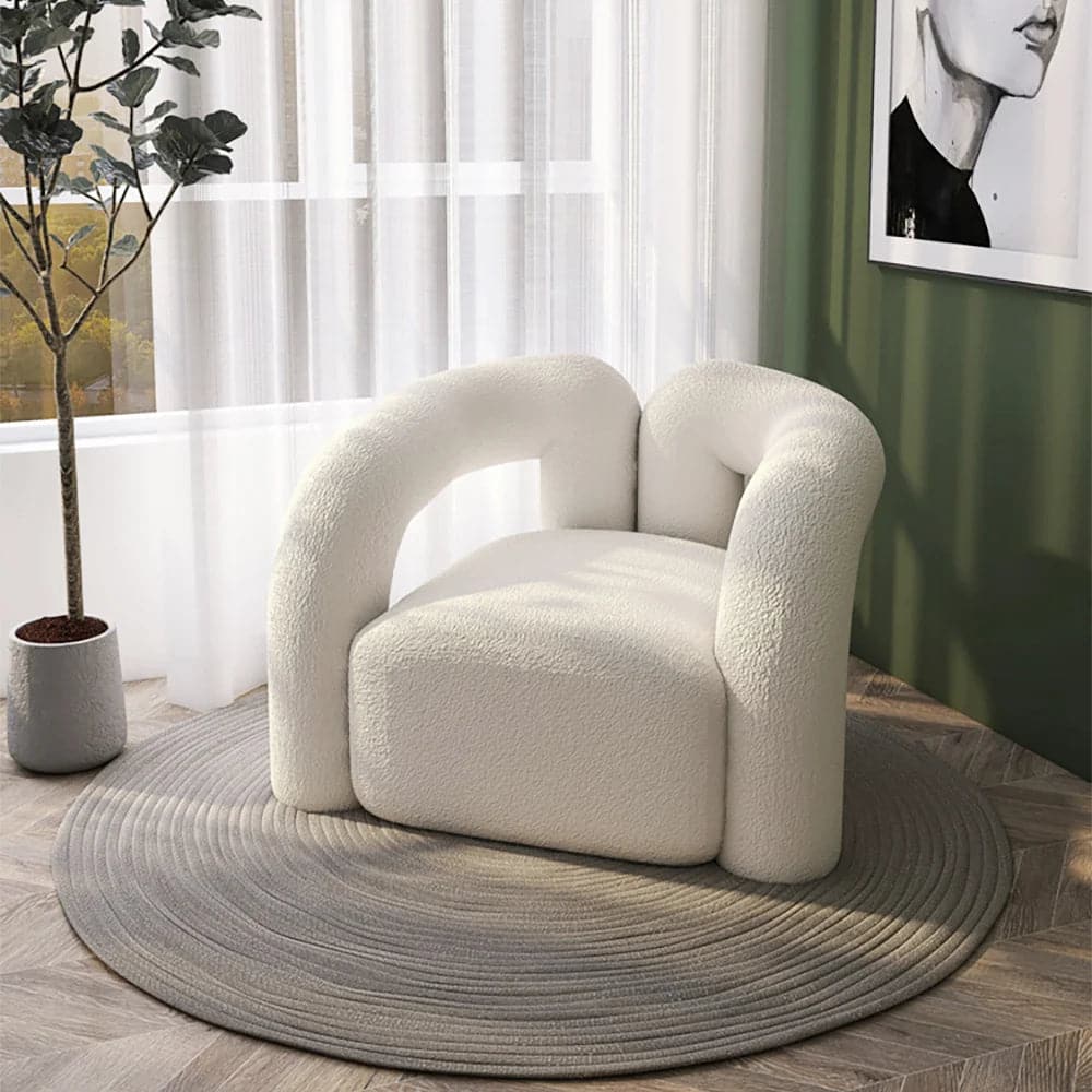 Japandi White Boucle Accent Chair Shaggy Armchair for Living Room