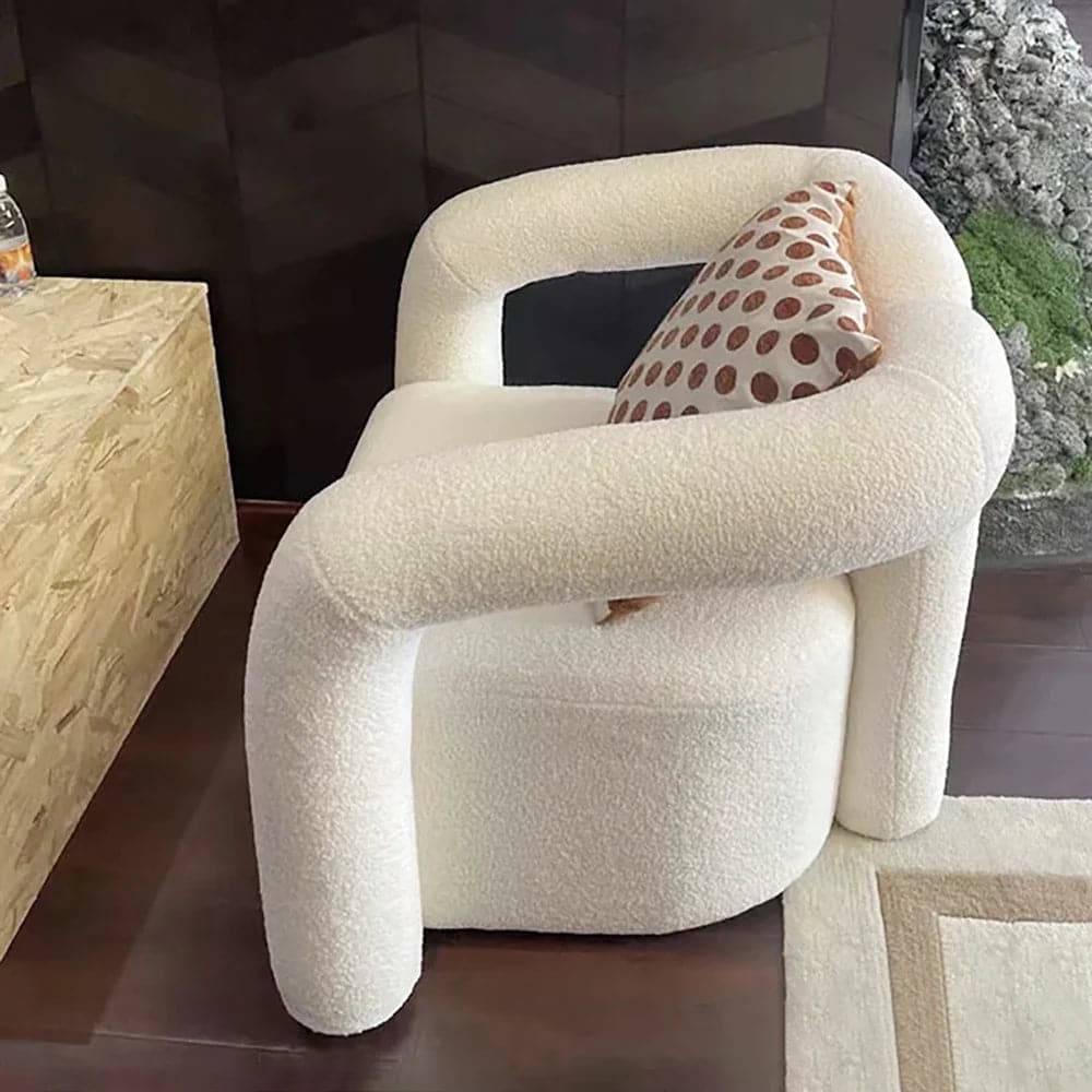 Japandi White Boucle Accent Chair Shaggy Armchair for Living Room