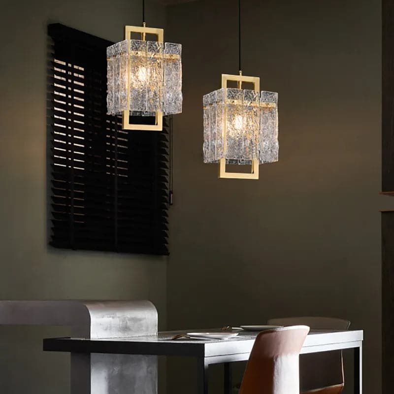 1-Light Brass Geometric Pendant Light with Water-ripple Glass Shade