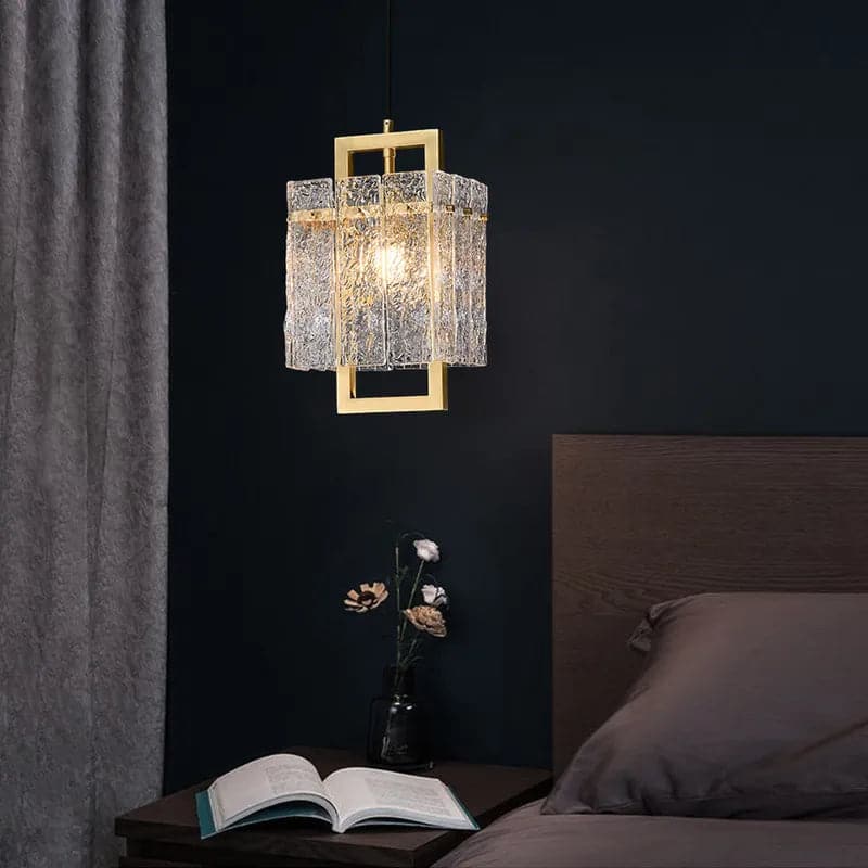 1-Light Brass Geometric Pendant Light with Water-ripple Glass Shade