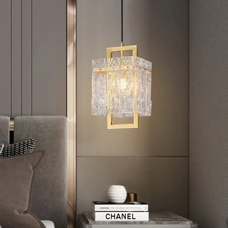 1-Light Brass Geometric Pendant Light with Water-ripple Glass Shade