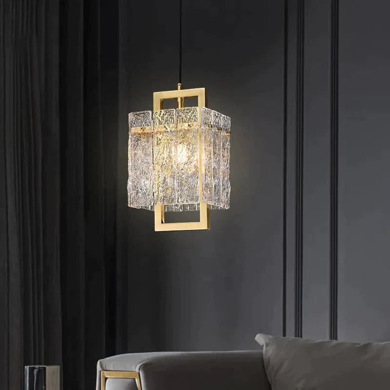 1-Light Brass Geometric Pendant Light with Water-ripple Glass Shade