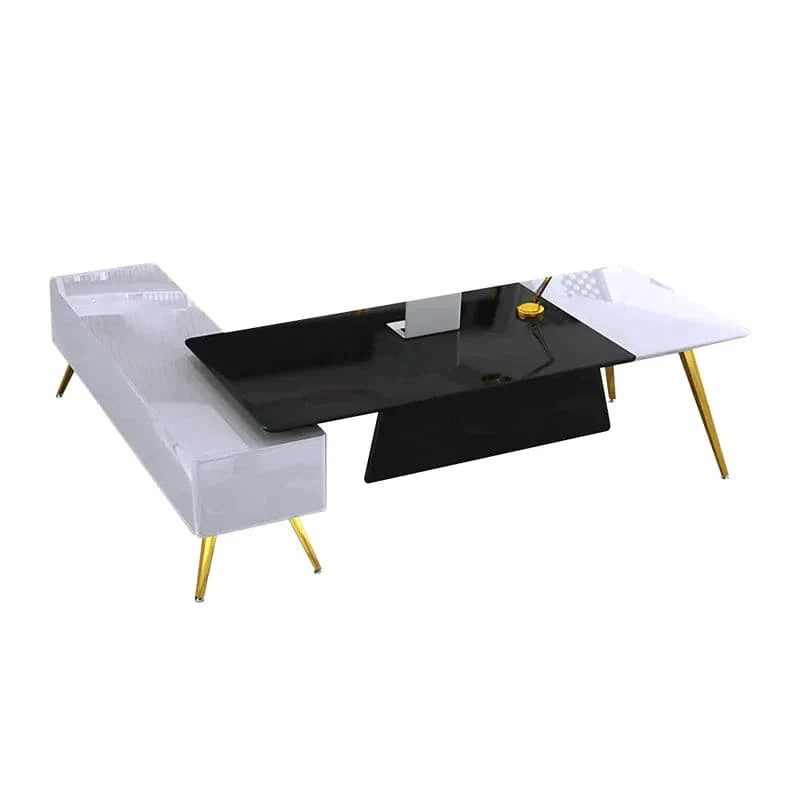 L-Shaped Modern Right Hand Corner Executive Desk with Storage in White & Gold & Black