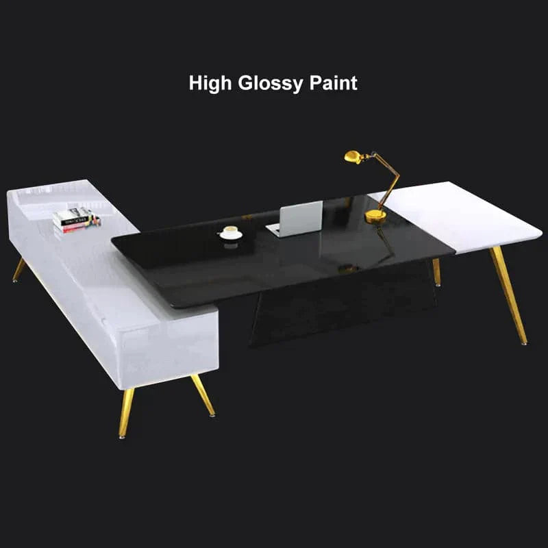 L-Shaped Modern Right Hand Corner Executive Desk with Storage in White & Gold & Black