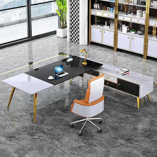 L-Shaped Modern Right Hand Corner Executive Desk with Storage in White & Gold & Black