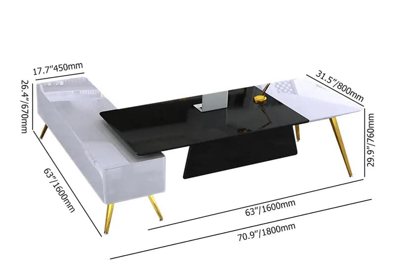 L-Shaped Modern Right Hand Corner Executive Desk with Storage in White & Gold & Black