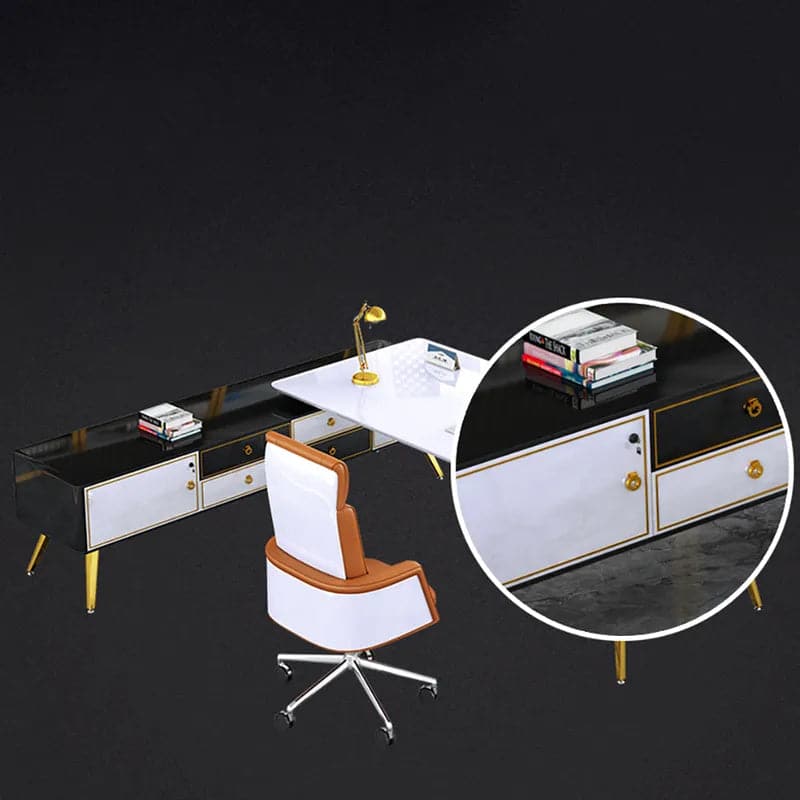 L-Shaped Modern Right Hand Corner Executive Desk with Storage in White & Gold & Black