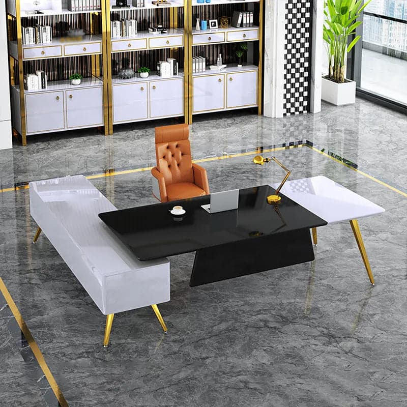 L-Shaped Modern Right Hand Corner Executive Desk with Storage in White & Gold & Black