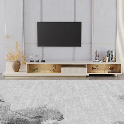 Light Khaki Modern Extendable TV Stand Glass Door Media Console with LED Light & Drawer