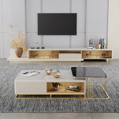 Light Khaki Modern Extendable TV Stand Glass Door Media Console with LED Light & Drawer