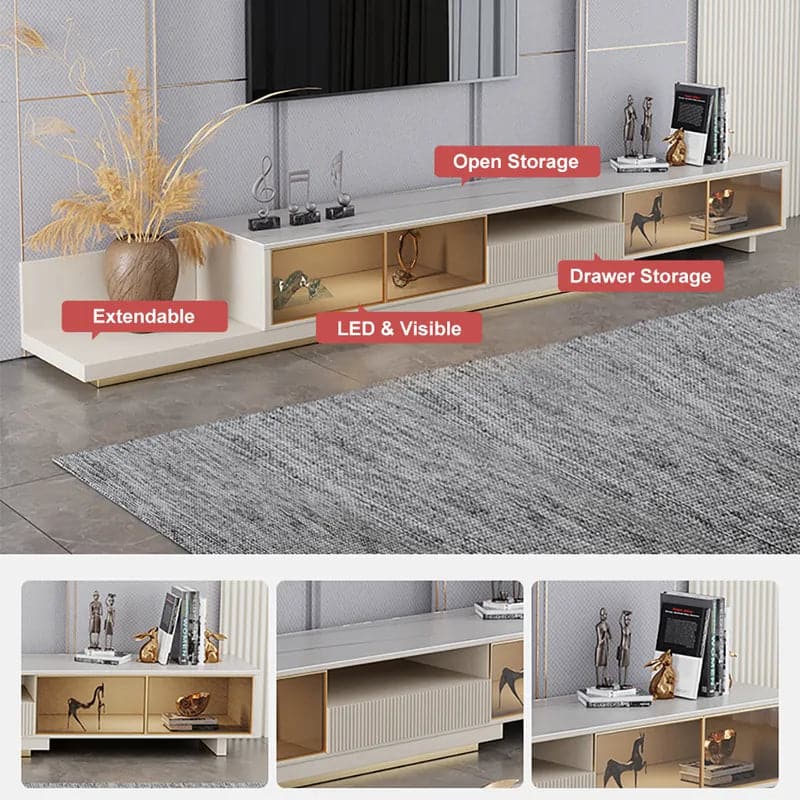 Light Khaki Modern Extendable TV Stand Glass Door Media Console with LED Light & Drawer