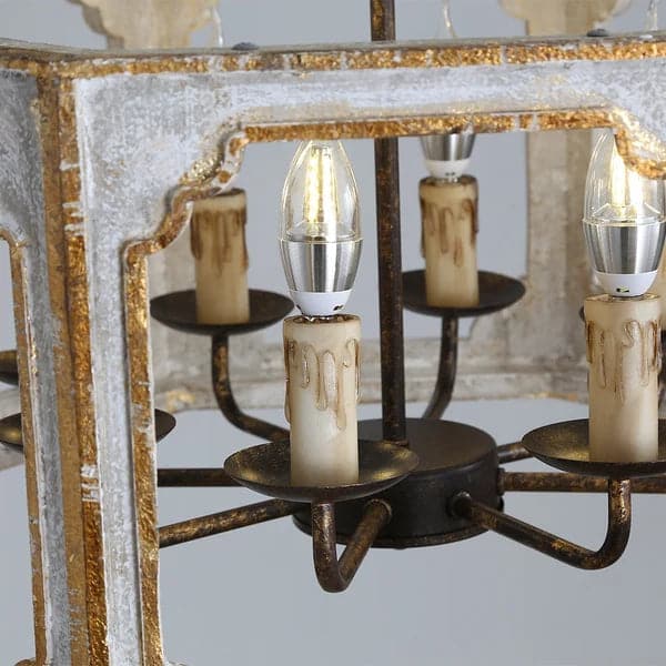 Rustic 8-Light Lantern Chandelier Metal and Wood in Antique Gray & Gold