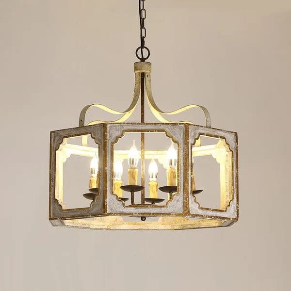 Rustic 8-Light Lantern Chandelier Metal and Wood in Antique Gray & Gold