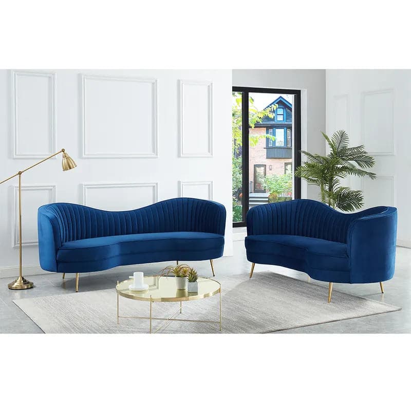 Luxury Blue Velvet Sofa Set 3 Pieces Living Room Set Curved 3-Seater Loveseat