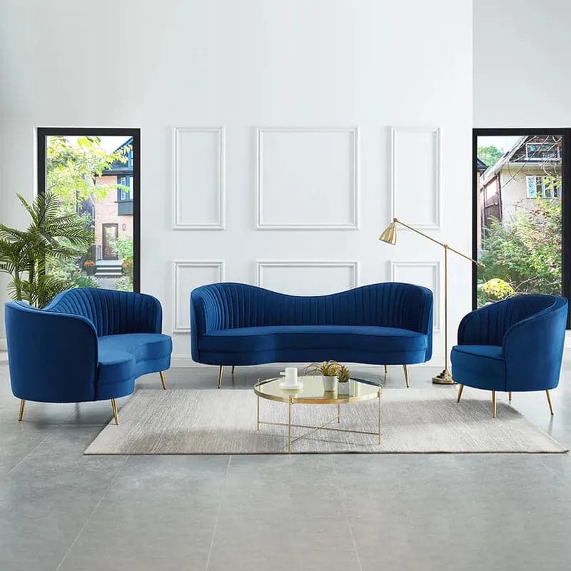 Luxury Blue Velvet Sofa Set 3 Pieces Living Room Set Curved 3-Seater Loveseat