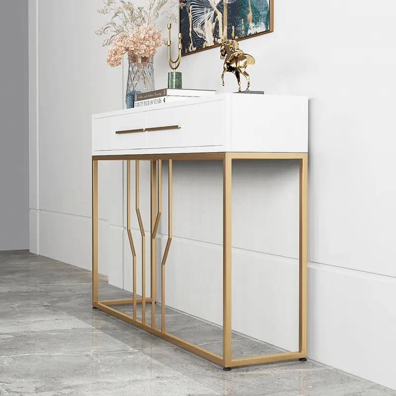 Luxury Narrow Console Table with Drawers Wood Top in White