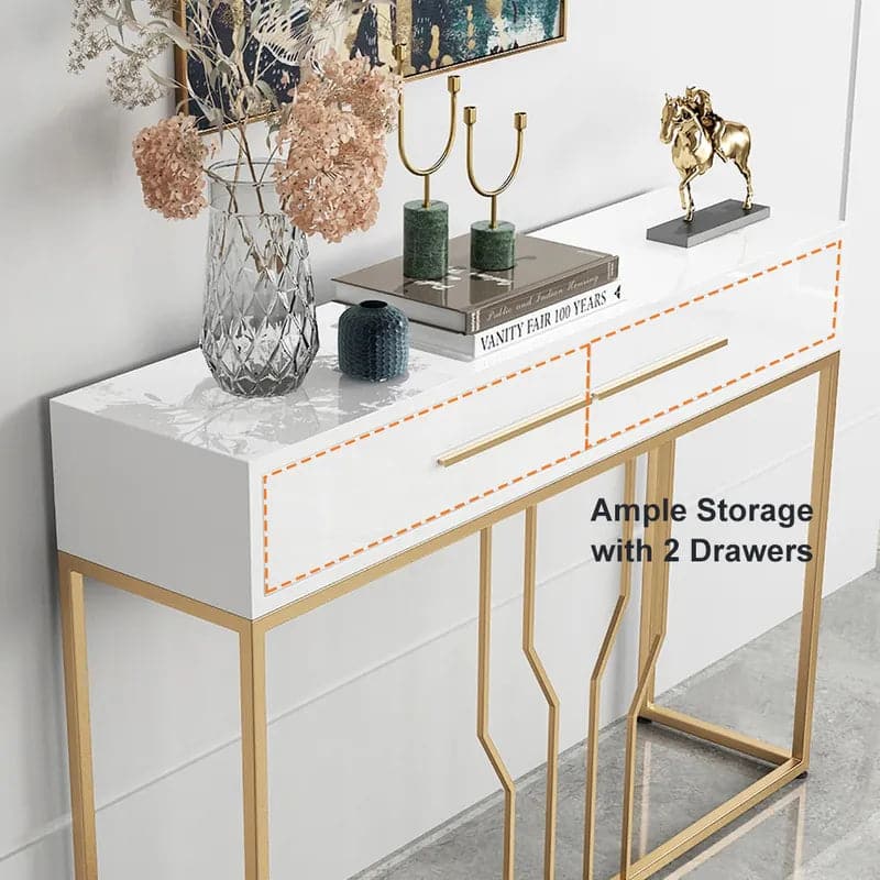 Luxury Narrow Console Table with Drawers Wood Top in White