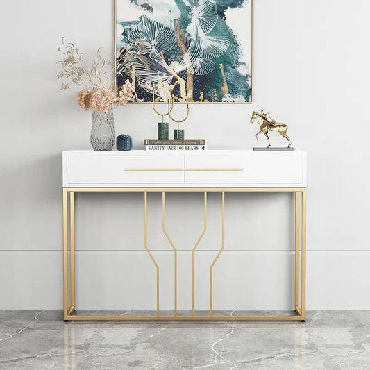 Luxury Narrow Console Table with Drawers Wood Top in White