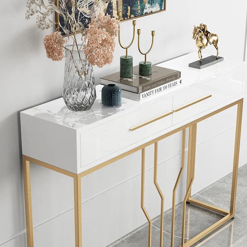 Luxury Narrow Console Table with Drawers Wood Top in White