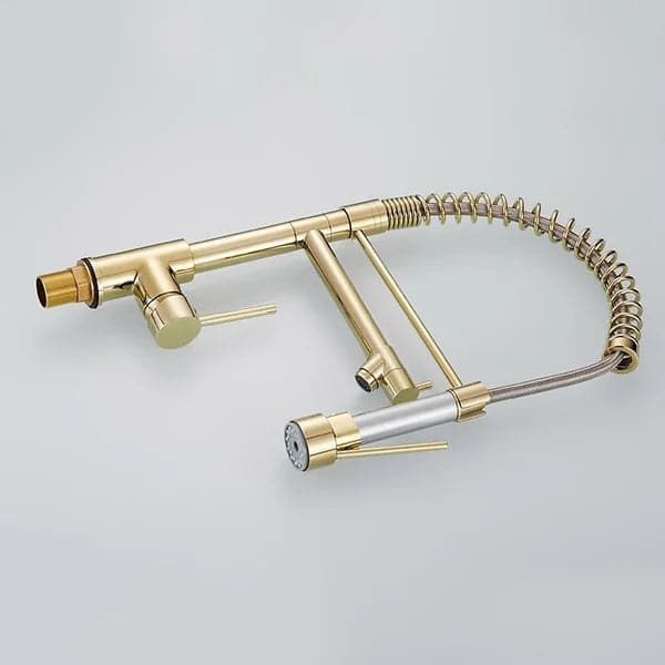 Luxury Pull Out Sprayer Kitchen Faucet Single Hole Double Spout Solid Brass