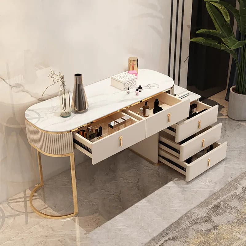 Makeup Vanity Extendable 5-Drawer Dressing Table with Cabinet in Champagne