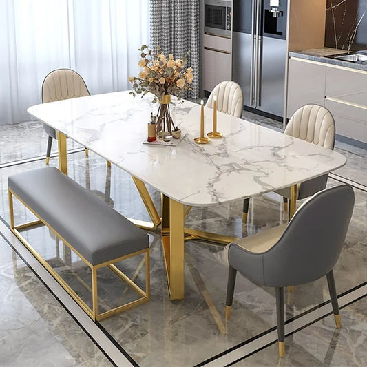 Modern Rectangle 63" Faux Marble Dining Table Gold Base Stainless Steel