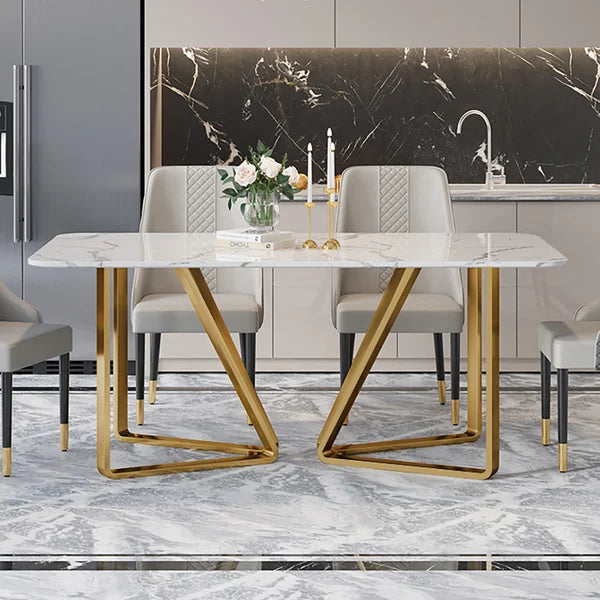 Modern Rectangle 63" Faux Marble Dining Table Gold Base Stainless Steel