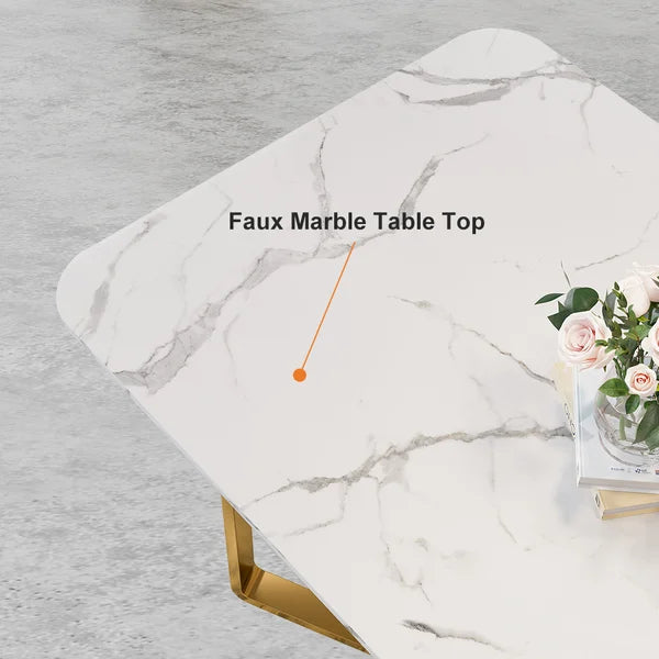 Modern Rectangle 63" Faux Marble Dining Table Gold Base Stainless Steel