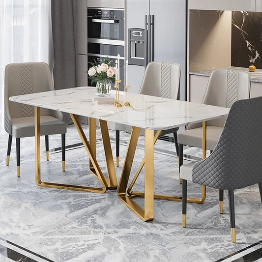 Modern Rectangle 63" Faux Marble Dining Table Gold Base Stainless Steel