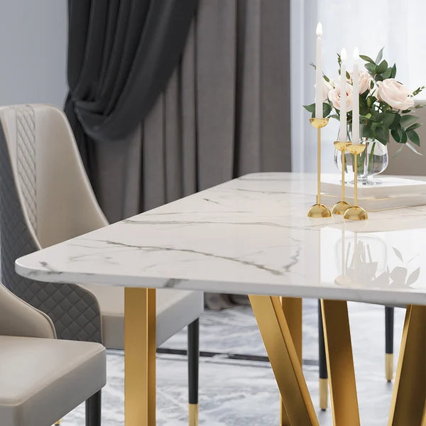 Modern Rectangle 63" Faux Marble Dining Table Gold Base Stainless Steel