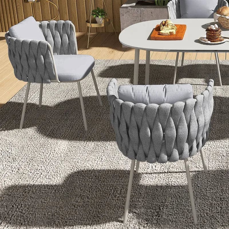 Mid Century Modern Aluminum & Rattan Outdoor Patio Dining Chair Armchair Gray (Set of 2)