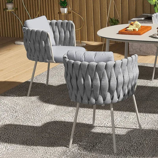 Mid Century Modern Aluminum & Rattan Outdoor Patio Dining Chair Armchair Gray (Set of 2)