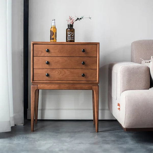 Mid Century Modern Chest Cabinet with Storage 3 Drawers of Ash Wood in Walnut