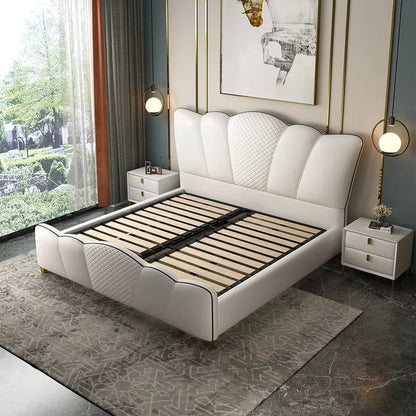 Milky White Microfiber Leather Platform Bed with Curved Headboard, Cal King