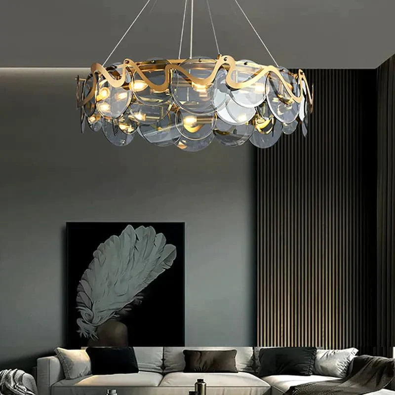 Modern 10-Light Smokey Gray Glass Chandelier with Adjustable Cables