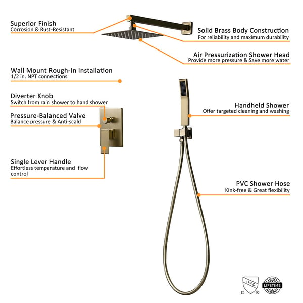 Modern 12" Wall Mounted Shower System with Handheld Shower Pressure Balance Valve