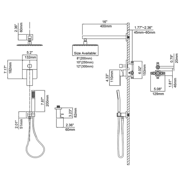 Modern 12" Wall Mounted Shower System with Handheld Shower Pressure Balance Valve