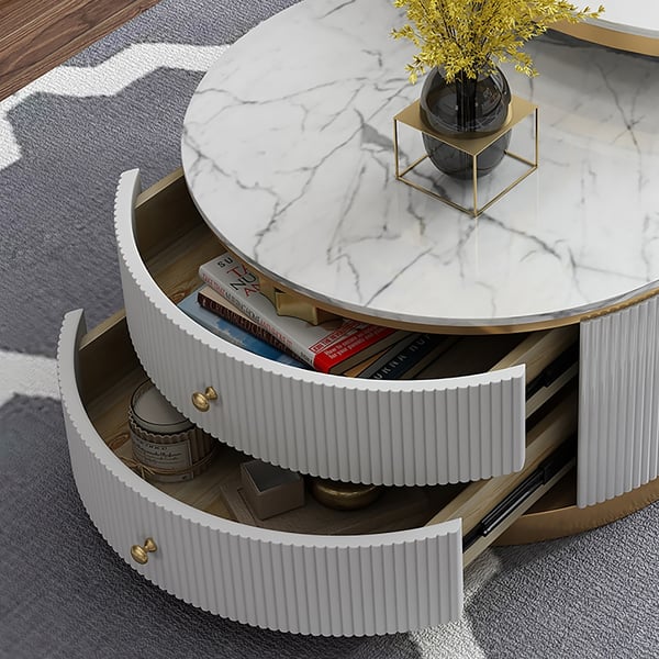 Modern 2 Pieces White Round Nesting Wooden Coffee Table with Drawers Sintered Stone Top