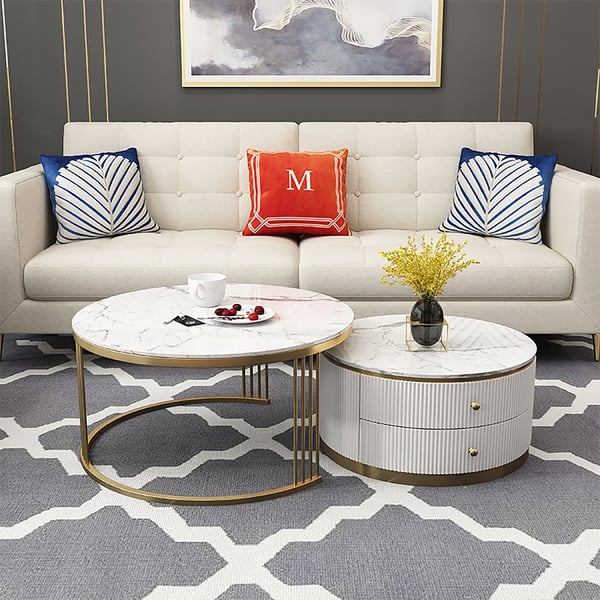 Modern 2 Pieces White Round Nesting Wooden Coffee Table with Drawers Sintered Stone Top