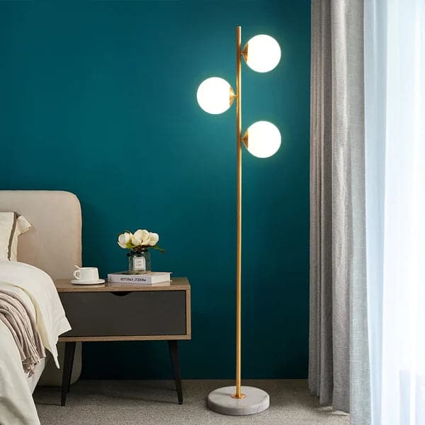 Modern 3-Light Gold Tree Floor Lamp White Glass Globe Shade Marble Base