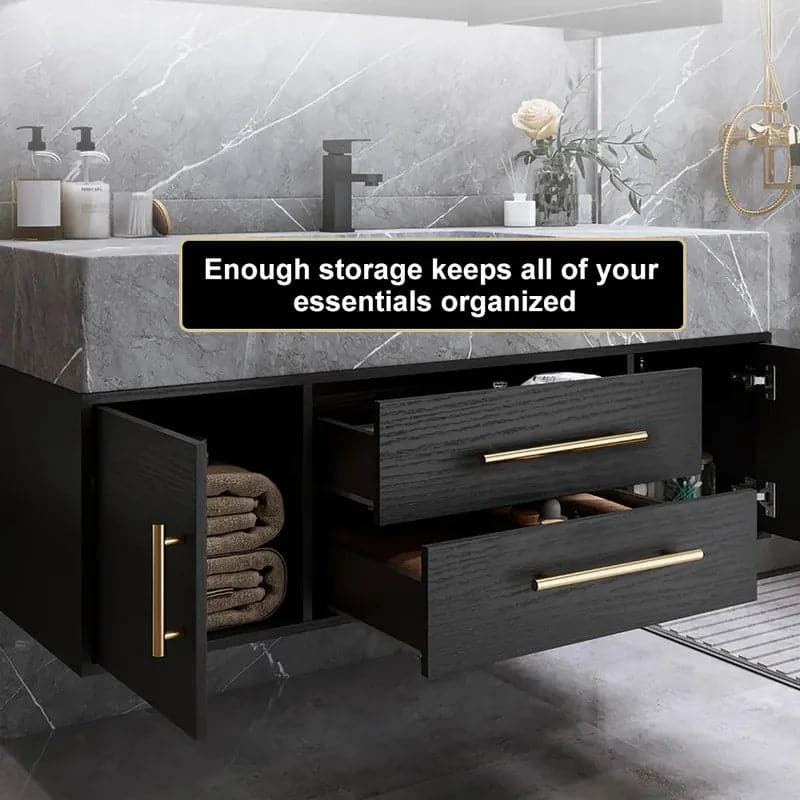 Modern 39" Floating Black Bathroom Vanity Stone Top Wall Mounted Bathroom Cabinet