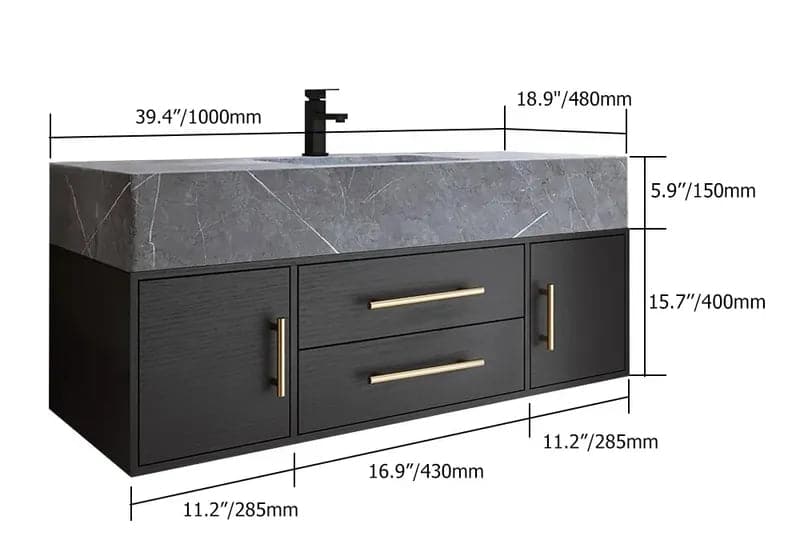 Modern 39" Floating Black Bathroom Vanity Stone Top Wall Mounted Bathroom Cabinet