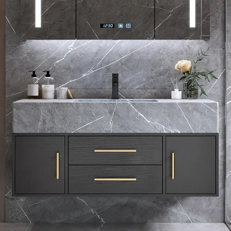 Modern 39" Floating Black Bathroom Vanity Stone Top Wall Mounted Bathroom Cabinet